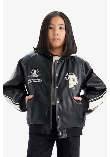 DeFacto Kız Çocuk Su İtici Kolej Yaka Bomber Mont D6924A825SPBK27 Siyah