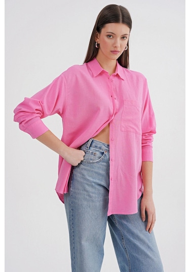 Mixray 4670 Kadın Cepli Oversize Basic Keten Gömlek Pembe