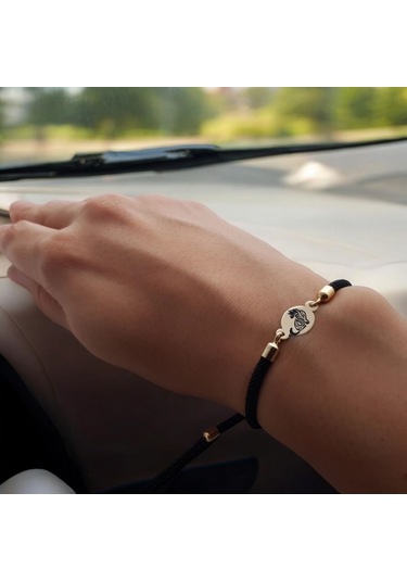 14 Ayar Altın Plakalı Oval Motifli İpek Örgülü Kedi Sembollü Hediye Bileklik-320sembol-siyah Altın