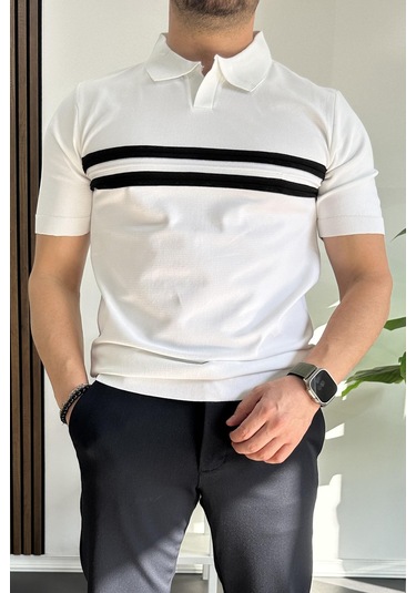Erkek Açık Yaka Çizgli Tişört Beyaz Edw236 Beyaz