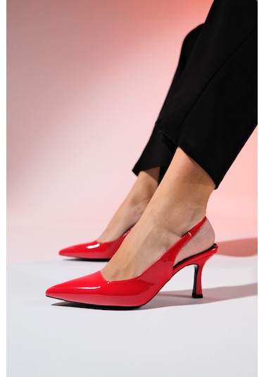 Luvishoes Flem Kırmızı Rugan Kadın Sivri Burun Arkası Açık İnce Topuklu Ayakkabı Kırmızı Rugan