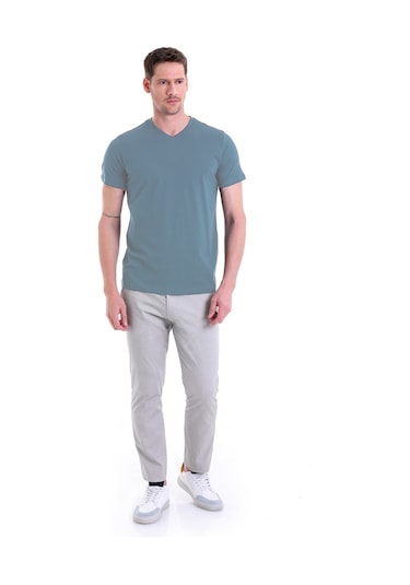 Hatemoğlu Indigo Düz Slim Fit 100% Pamuk V Yaka Tişört İndigo