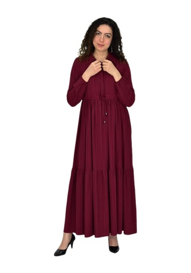Kadın Uzun Kol Lastikli Kabartma Çizgili Elbise Bgl-st04676 Bordo