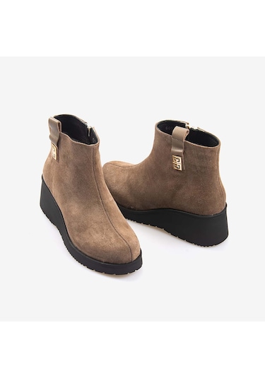 Kemal Tanca Hakiki Deri Kadın Dolgu Topuk Bot 601377 Biscuit Süed