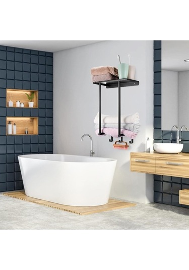 Besthome1 3 Kanca Paslanmaz Banyo Duvar Kurulu Torba Rafı, 3 Havlu Saklama, Suda Dayanıklı, Siyah Siyah