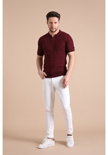 Ferraro Bordo Polo Yaka Fermuarlı Erkek Pamuk Triko T-Shirt-Bordo (417942267) Bordo