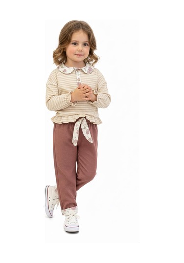 Yakası Fırfırlı 2 Li Pantolon Takım Pudra