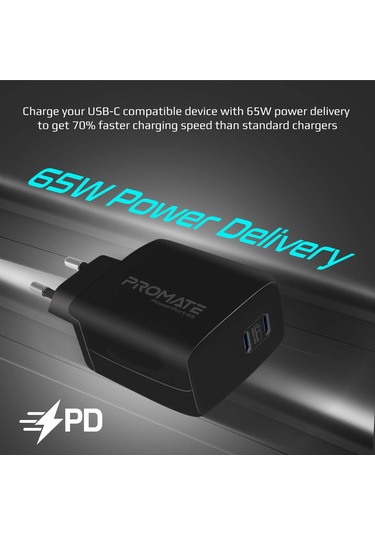 Promate PowerPort-65 GaNFast 65W Süper Hızlı Type-C PD Şarj Cihazı, Tablet, Akıllı Telefon, Notebook Uyumlu