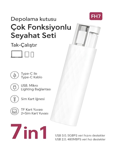 7 İn 1 Çok İşlevli Type-c Usb Micro Lightning Dönüştürücü Seyahat Seti Apple Uyumlu iPhone Android Pc Beyaz