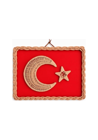 El Yapımı Bambu Örgü Türk Bayrağı Ay Yıldız Duvar Dekoru