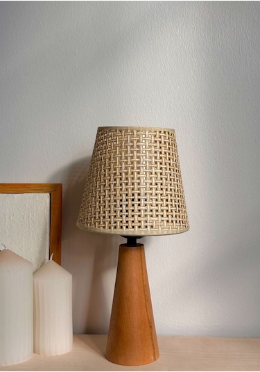 Bohem Ahşap Ayaklı Konik Abajur - Bej Bej