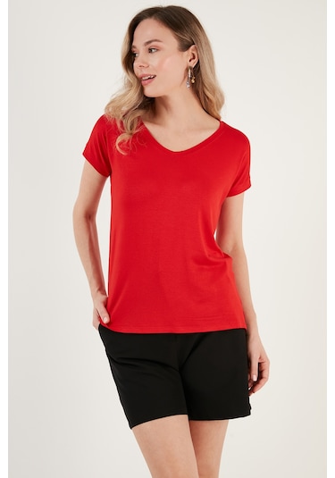 Lela V Yaka Relaxed Fit Yırtmaç Detaylı 2'Li Paket Bayan Bluz 5862000S2 Siyah-Kırmızı