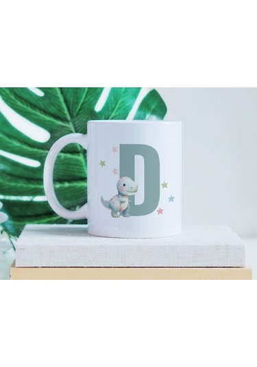 D Harfi Sevimli Dinozor Kupa Bardak - Açık Yeşil Yıldız Detaylı Dino Tasarım - Hediye Beyaz