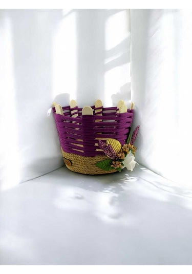 Hasır Takı Organizer El Yapımı Sepet Makyaj Kutusu Komodin Üstü Banyo Sepeti Mor