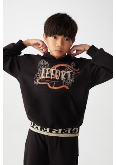 Erkek Çocuk Kapüşonlu Kanguru Cepli Effort Baskılı Sweatshirt-13016-siyah