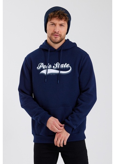 Erkek 3 İplik Pamuklu İçi Polarlı Baskılı Regular Fit Kapüşonlu Kanguru Cepli Lacivert Sweatshirt Lacivert