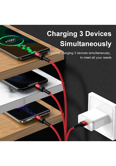 Hombey 1.2 Metre Kırmızı 3'lü Usb Şarj Kablosu - Lightning, Type-c Ve Micro Usb Uçları İle Yüksek Hızlı Veri Transferi Ve Şarj