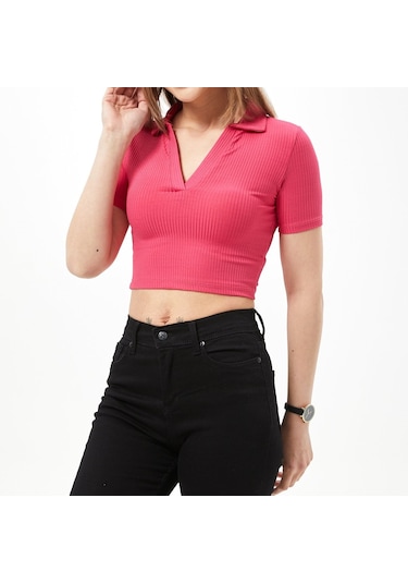 Kadın Fuşya Gömlek Yaka Crop Top