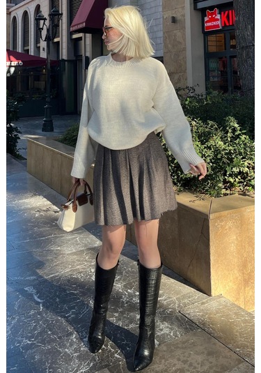 Ekru Bisiklet Yaka Oversize Triko Kazak Mg1972 Ekru