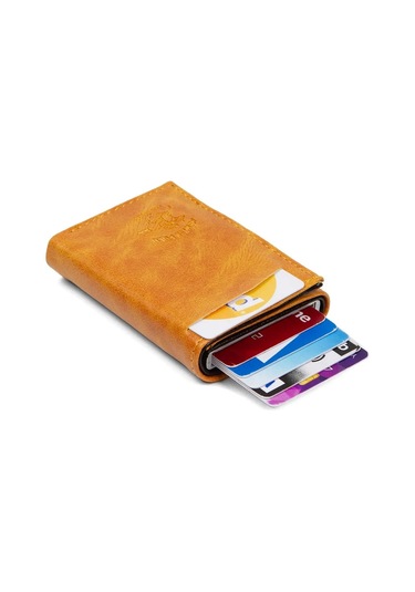 Tuldar Erkek Rfıd Otomatik Çekim Koruyucu Mekanizmalı Kağıt Para Bölmeli Hediyelik Kartlık Cüzdan Tul601 - Turuncu