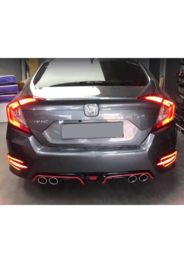 Honda - Civic Fc5 2016-20 Dıfuzor 4 Egzoz Pıano Black Kırmızı Şrt