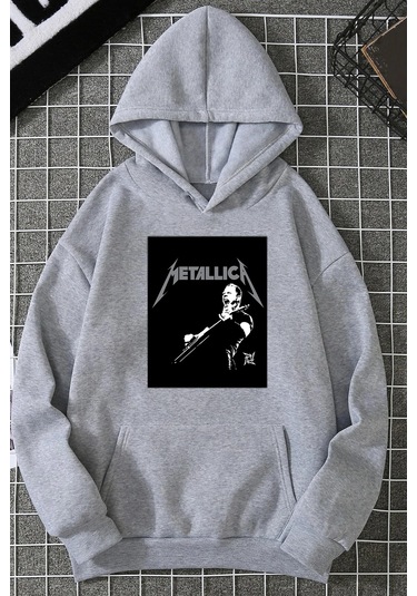 Unisex Metalica Baskılı Oversize Sweatshirt Gri