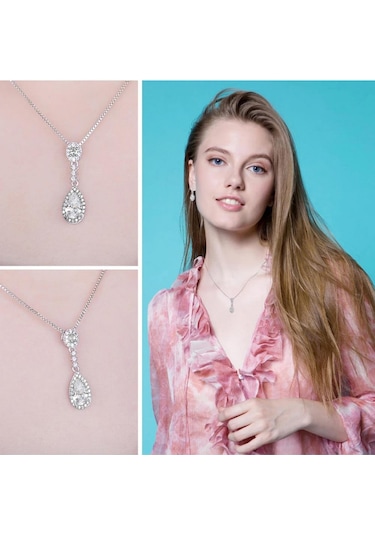 Brezza Lusso Jewelry Zirkon Taşlı Işıltılı Damla Diamond Kadın Gümüş Kolye Küpe Seti