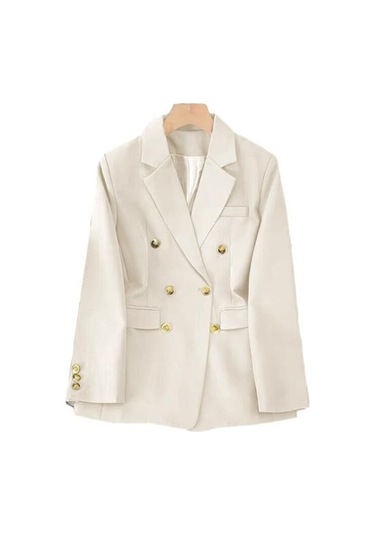 Kadın Blazer Ol Tarzı İşe Gidip Gevşek Düz Renk Kruvaze Uzun Kollu Yaka Çentik Yaka Cepler Resmi İş Ceket Bej