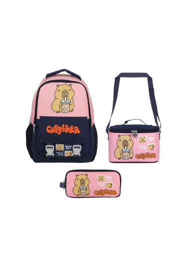 Capybara Kız Çocuk - Lacivert - Pembe İlkokul Üçlü Çanta Seti - Setcpb5203a Çok Renkli