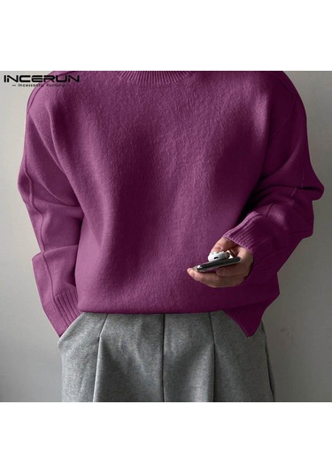 Incerun Erkek Sonbahar Kalın Yünlü Örme Kazaklar Düz Renk Yüksek Alçak Kazaklar Mor