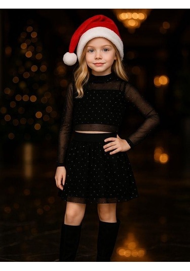 Kız Çocuk Taşlı İşlemeli Tül Bluz Etekli Takım-16407 Siyah