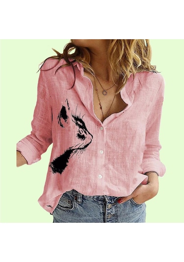 Siyah Bayanlar Rahat Kedi Baskı Bluzlar Kadın Moda Yaka Yaka Hırka Gömlek Ince Pamuk Keten Üst Siyah Bayanlar Rahat Kedi Baskı Bluzlar Kadın Moda Yaka Yaka Hırka Gömlek Ince Pamuk Keten Üst