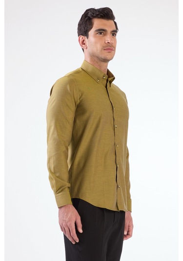 Koyu Sarı Erkek Slim Fit Düz Brent Düğmeli Yaka Uzun Kol Gömlek - 102489 Koyu Sarı