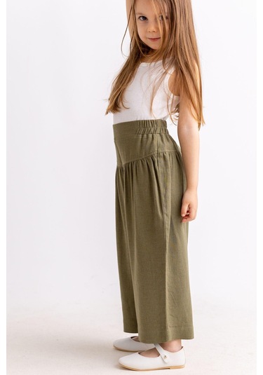Oliventhekid Korsajlı Büzgülü Keten Kız Çocuk Pantolon Haki Haki