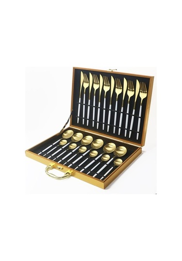 Pazly Siyah Sofra Kutusu Yemek Takımı Seti 24 Adet Antioksidatif Ahşap Çatal Bıçak Takımı Altın Siyah Gümüş Saklama Kutusu Siyah