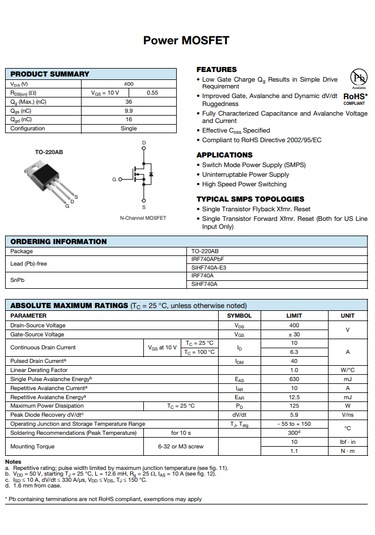 Irf740 N Kanal Mosfet To-220