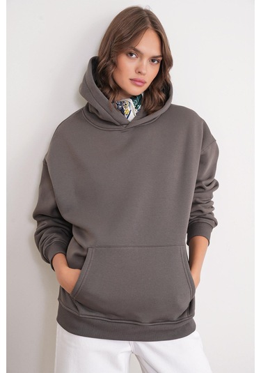 Mixray 2022 Unisex 3iplik Basic Polarlı Kapüşonlu Sweatshirt Hoodie Antrasit