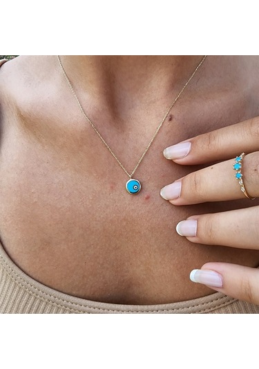 Ala Turkuaz Firuze Mineli Nazar Boncuğu Göz Tasarım Taşsız Modern Hediye Tarz 14 Ayar Altın Kolye