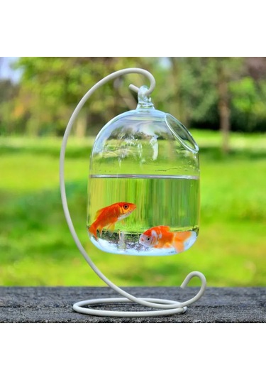 Vkemall El Sanatı Cam Akvaryum - Askı Desenli Beyaz Açık, Ev Dekorasyonu, 15cm Yüksekli Kli , Transparent Cam