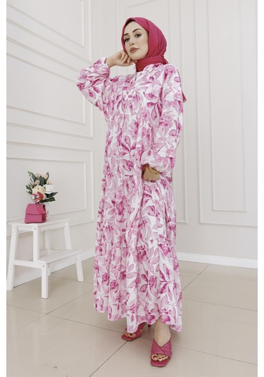 Kuşaklı Çiçekli Lina Elbise-pembe-5261 Pembe