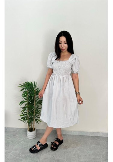Simli Moda Çizgili Göğsü Lastikli Gri Elbise