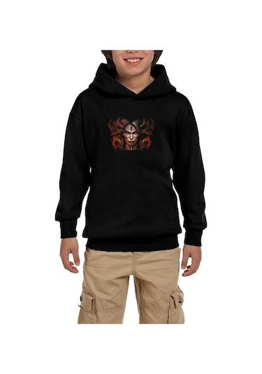 Zepplin Giyim Diablo IV Lilith Face Siyah Çocuk Kapşonlu Sweatshirt Siyah