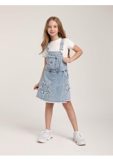 Kız Çocuk Yıldız Desenli Kot Şort Etek Salopet-15639 Mavi