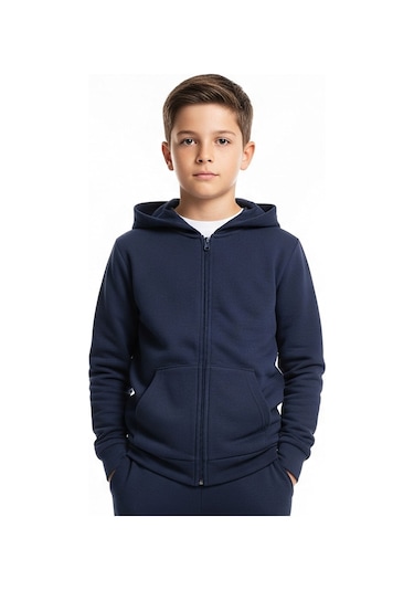 Fermuarlı Kanguru Cepli Kapüşonlu Düz Baskısız Erkek Çocuk Eşofman Takımı Lacivert