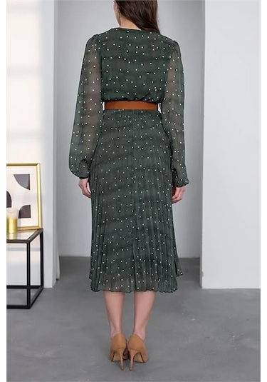 Neşeli Butik Kadın Kemerli Puantiye Desenli Şifon Elbise Nbmy3286 Yeşil