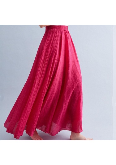 Yaz Sonbahar Kadın Etek Edebi Büyük Boy Pamuk Keten Yarım Etek Elastik Bel Keten A-line Etek Uzun Bölüm Saf Renk Rüzgar Salıncak Etek Gül Kırmızısı Fuşya