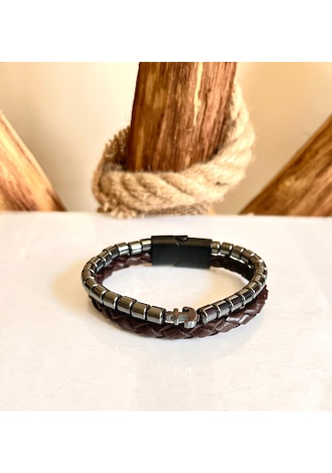 Çıpa Figürlü Hematit&%100 Deri Kahverengi Erkek Bileklik 21cm Kahverengi