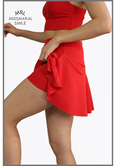 Kırmızı Etek Içi Sabit Şortlu Lycralı Yüksek Bel Skirt With Shorts Casual Beachwear Tennis 1101 Kırmızı
