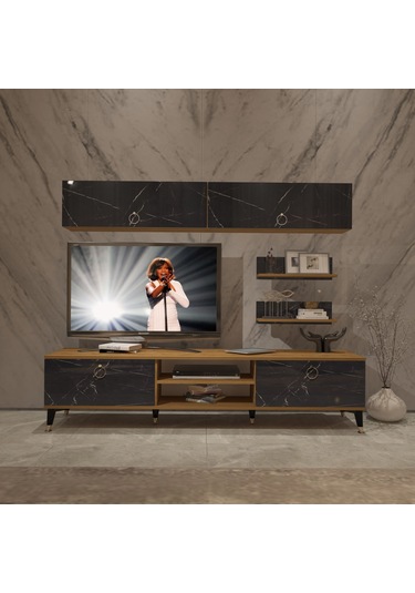 Decoraktiv Eko 5 Mdf Dvd Gold Tv Ünitesi Tv Sehpası Pera - Siyah Mermer