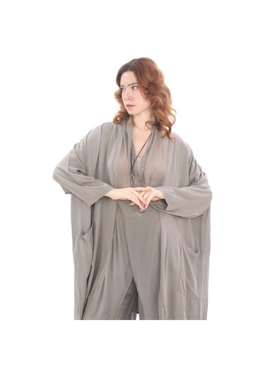 Italyan Ipek Detaylı Oversize Kaftan & Bluz-8711 Bej